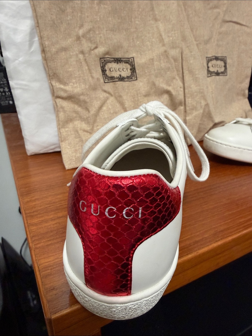 Gucci White Leather Sneakers with Green & Red Web and Gold Bee - Picture 5 of 7